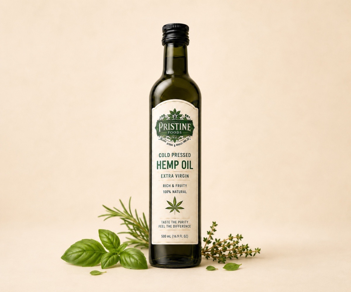 Freshly poured Pristine Foods hemp oil in a carefully prepared kitchen setting