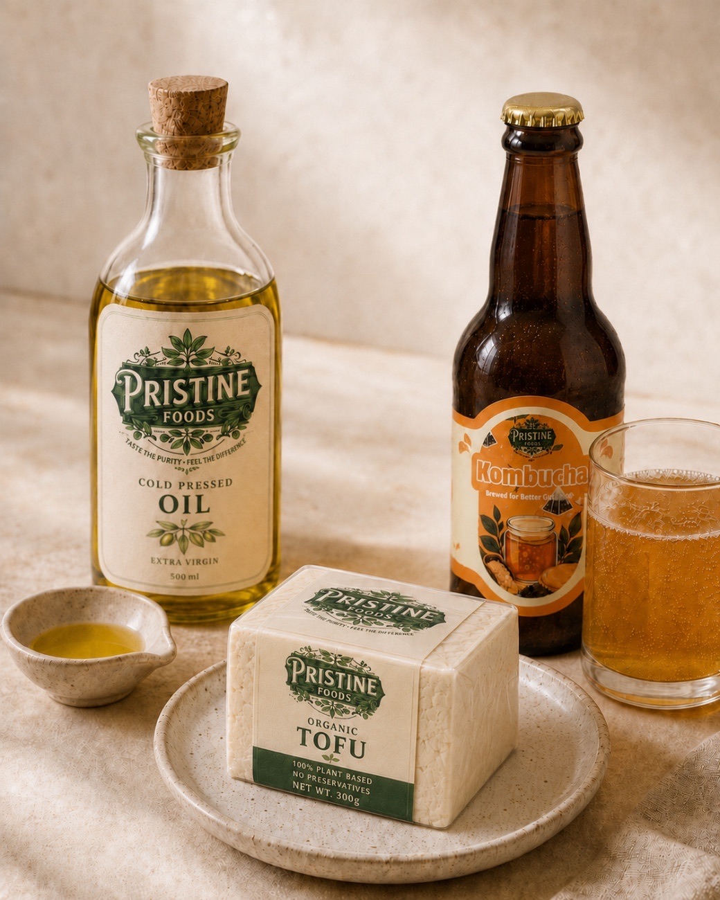 Pristine Foods olive oil, tofu and kombucha arranged on a natural stone table